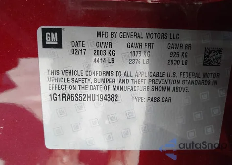 2017 Chevrolet Volt Lt from USA, damaged, VIN 1G1RA6S52HU194382